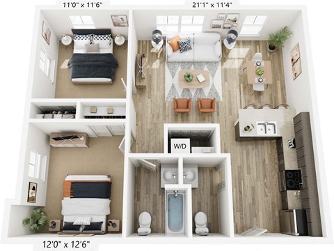 Floor plan for 2 beds, 1.5 baths, 930 sqft